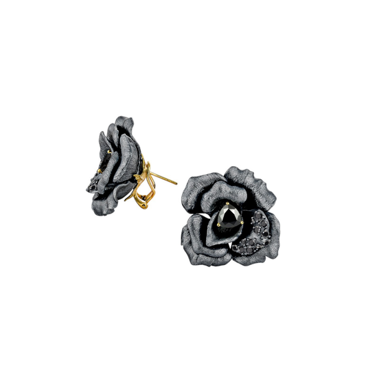 BLACK RUFFLED FLOWER EARRINGS
