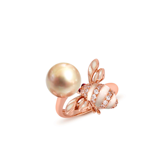 GOLD PEARL AND ENAMEL BEE RING