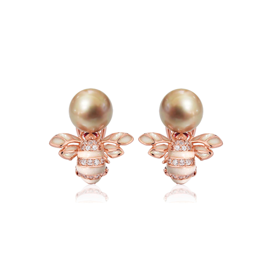 GOLD PEARL AND ENAMEL BEE EARRINGS